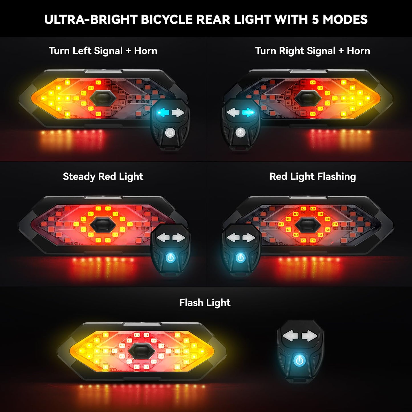 Hcikoat Bike Tail Light with Turn Signals USB Rechargeable Bike Turn Signals 120 Lumens Ultra Bright LED Turn Signals for Bicycle 5 Mode with 10PCS Safety Reflective Tape for Night Riding Bicycle