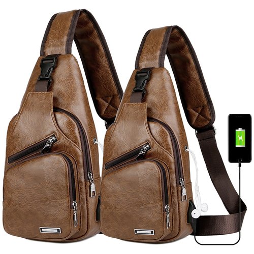 Peicees Pack of 2 Large&Medium Leather Sling Bag Mens Crossbody Bag Chest Bag Sling Backpack for Men with USB Charge Port, Classic Light Brown Large & Classic Light Brown Medium