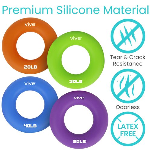 Vive Hand Strengthener Grip Ring (4 Pack) - Forearm Ring Hand Exercisers - Silicone Squeezer Gripper for Muscle Strengthening Training Tool - Arthritis Finger Physical Therapy PT Kit Trainer
