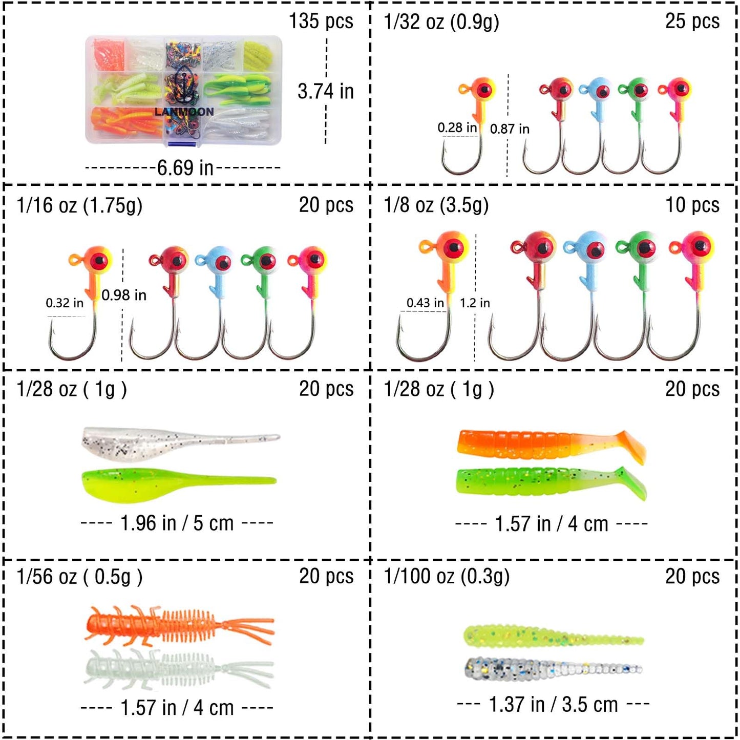 135 Pieces Jig Heads Fishing Hooks kit with Soft Plastic Crappie Lures for Crappie Trout Bass Walleye Bluegill Perch Catfish