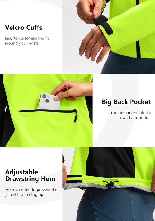 Bikewa Women's Cycling Rain Jackets Waterproof Windbreaker Lightweight Running Windproof Reflective Jacket Packable Hooded(Fluorescent Yellow/Black,M)