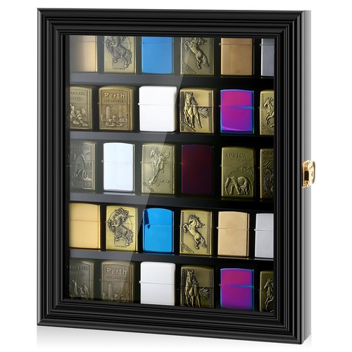 Silipull 30 Lighter Display Case Wall Mount Display Case for Lighter Detachable Wooden Cabinet W/98% UV Protection Acrylic Door Lockable Storage Box for Collection, 11.5x13.78x1.57 Inch, Black Finish