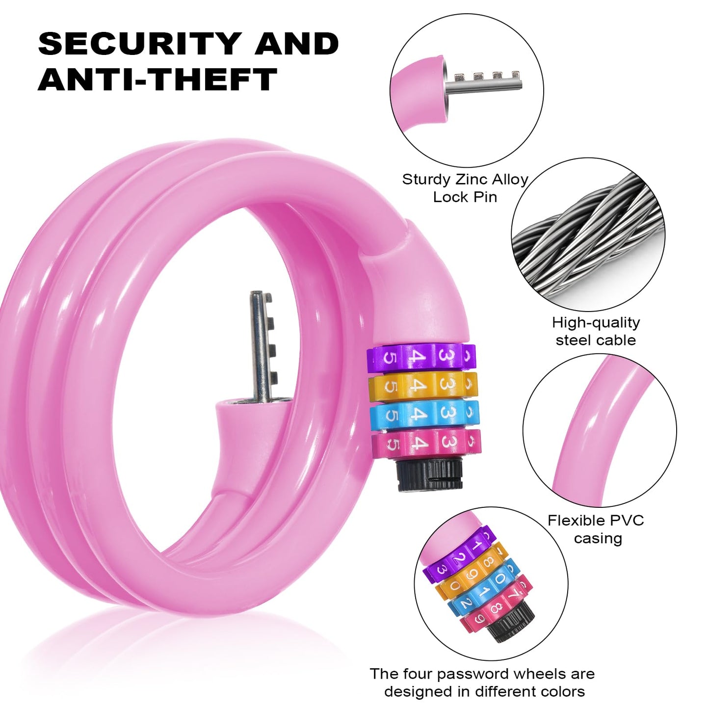 Ainiv Bike Lock, 25 inch Bike Lock Cable, Portable Anti Theft 4 Digits Codes Cable Locks, Resettable Combinations Coiling Bicycle Lock for Bike, Motorbike, Scooter, Skateboard, Gate, Fence (Pink)