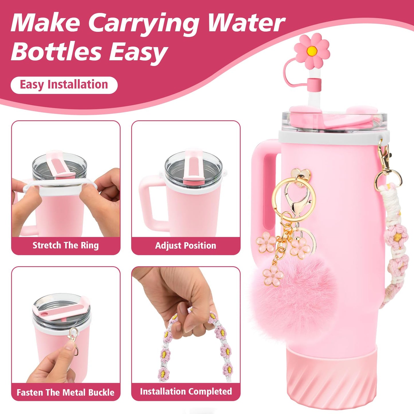 7PCS Accessories Set for Stanley Cup 40 oz 30oz, Including Protective Silicone Boot, Water Bottle Handle Strap, Keychain Charm, Heart Hook, Straw Cover Cap for Stanley Cup Accessories (Pink)