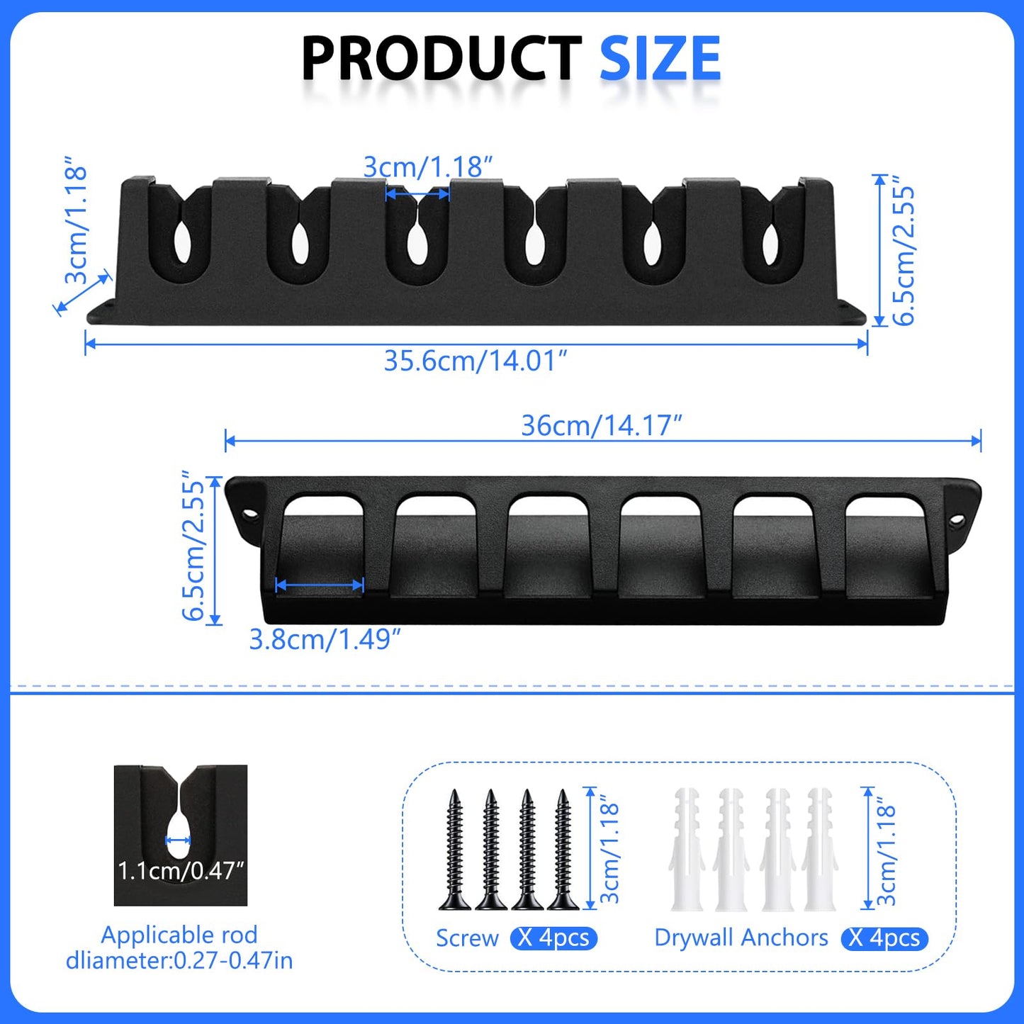 Fishing Rod Holders Wall-Mounted 2 Pairs, Simple Deluxe Fishing Pole Holder & Rack Store up to 12 Rods or Combos for Garage & Boat (Vertical, Black)