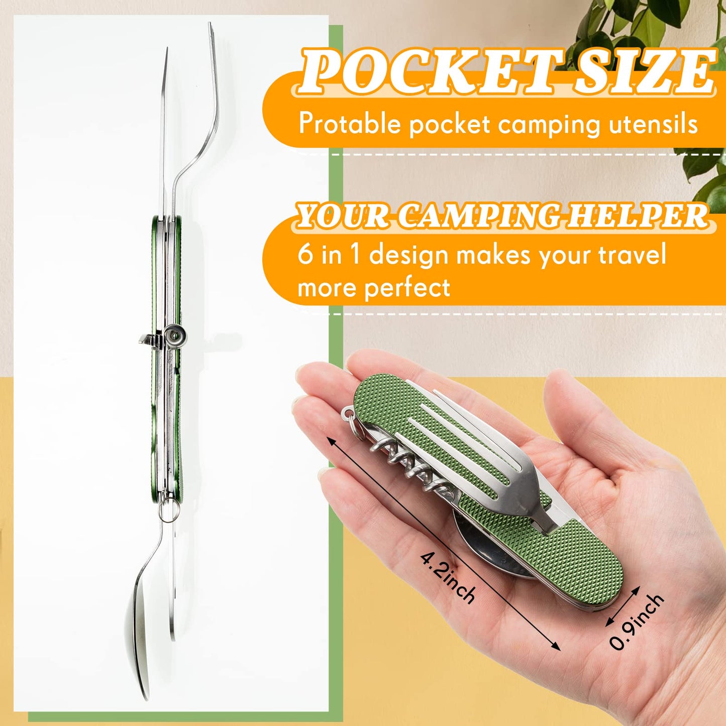Tessco for you 5 Set 6 in 1 Camping Utensil, Portable Stainless Steel Multifunction Flatware Spoon Fork Knife Bottle Opener Combo Mess Kit with Carrying Pouch, Cutlery for Travel Backpacking Outdoor