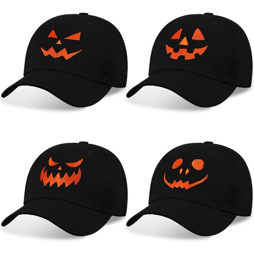 Suhine 4 Pcs Halloween Baseball Cap Pumpkin Baseball Cap Embroidery Pumpkin Face Dad Hat Unisex Halloween Hat for Men Women Halloween Party Decoration, 4 Styles Black and Orange