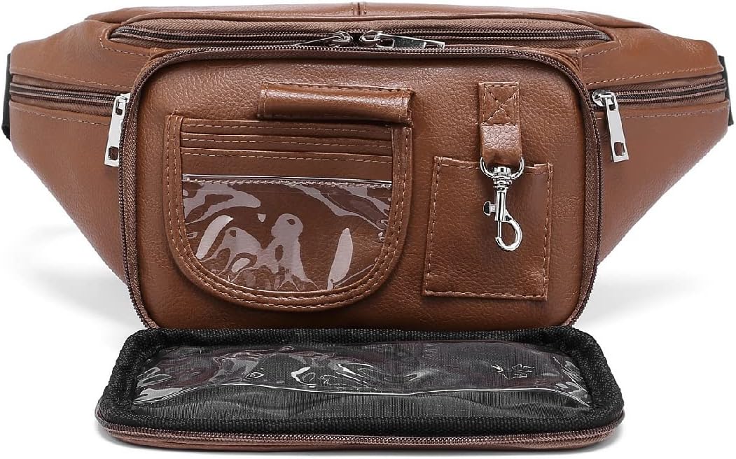 Genuine Leather Large 7 Pocket Waist Pack with Organizer, Card Slots (Black)