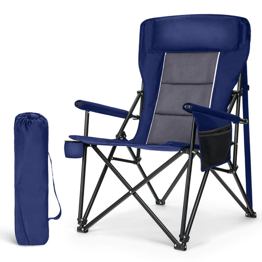 LET'S CAMP Oversized Camping Chairs 29.52" High Back Heavy Duty Lawn Chair Support 500LBS, Portable Collapsible Chair with Cup Holder, Side Pocket(Blue)