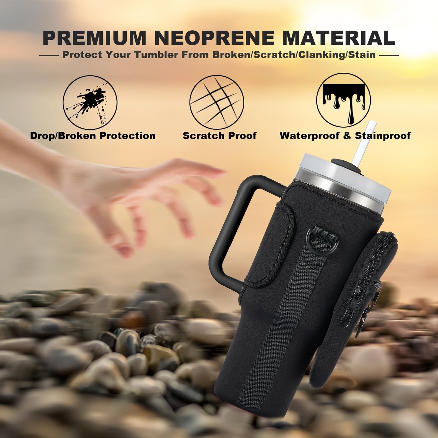 BULKITEM Water Bottle Carrier Bag with Phone Pocket for Black Stanley 40 oz Tumbler with Handle, Black Insulated Neoprene Cup Holder Pouch Strap for Valentines Stanley Cup Accessories