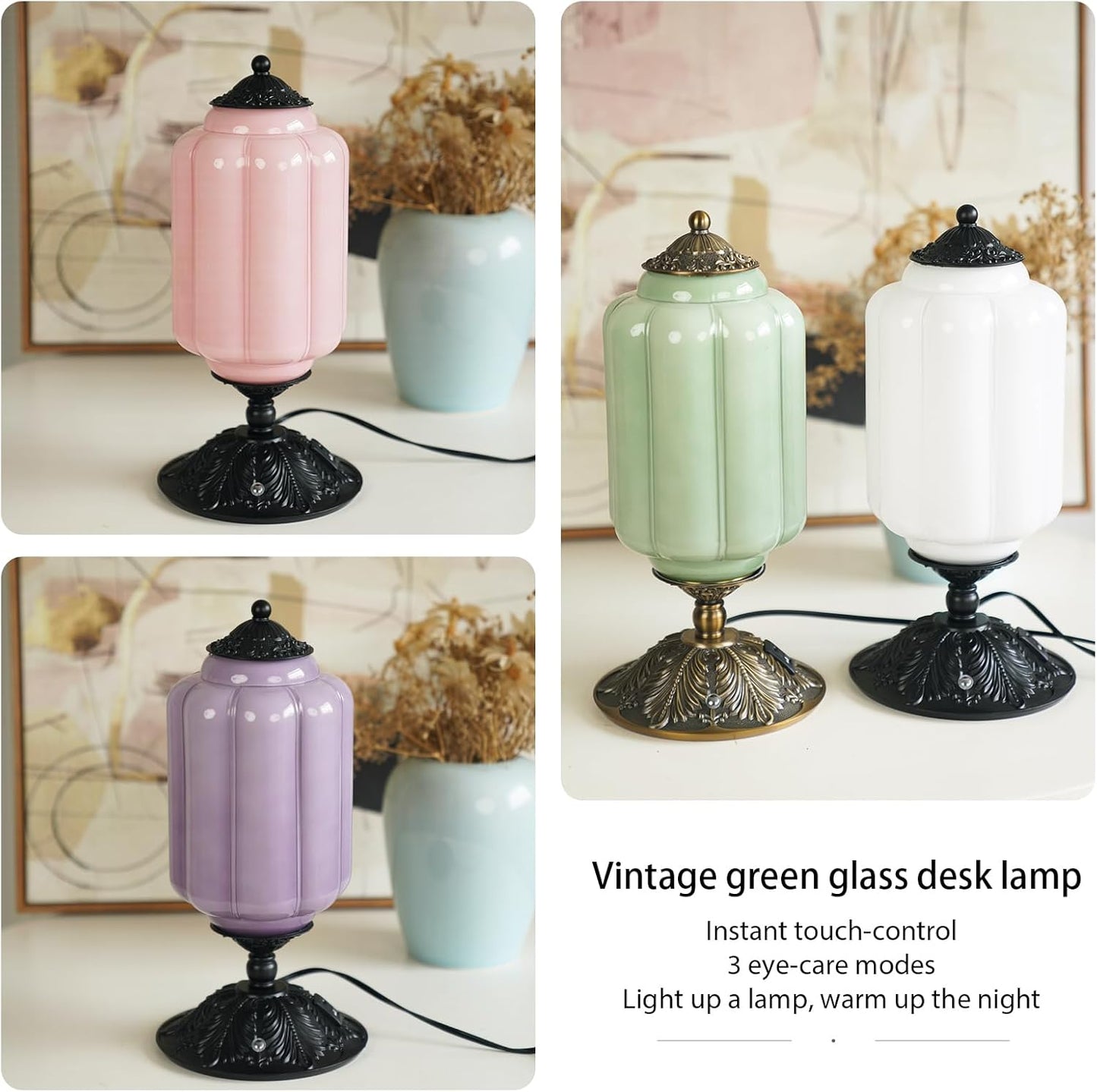 Milk Glass Touch Table Lamp, Elegant Green Jadeite Glass Bedside Desk Lamp 3 Way Dimmable with USB C+A Charging Ports - Bedroom Nightstand & Living Room Essential, 4W Bulb Included (Green, 6.5)