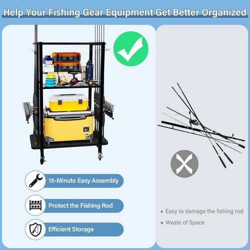 TC-HOMENY Fishing Rod Holder for Garage, Fishing Pole Rack Cart 10 Rod Fit All Fishing Rods, 3 Tier Fishing Tackle Storage Organizer Rack with Storage Bag, Fit For Living Room, Black