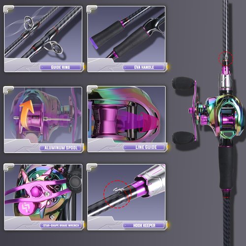 Sougayilang Baitcasting Fishing Combos, Carbon&Glass Fiber Composite 2 Piece Fishing Rods with Casting Reel- 6'0"- Purple- Right Handed