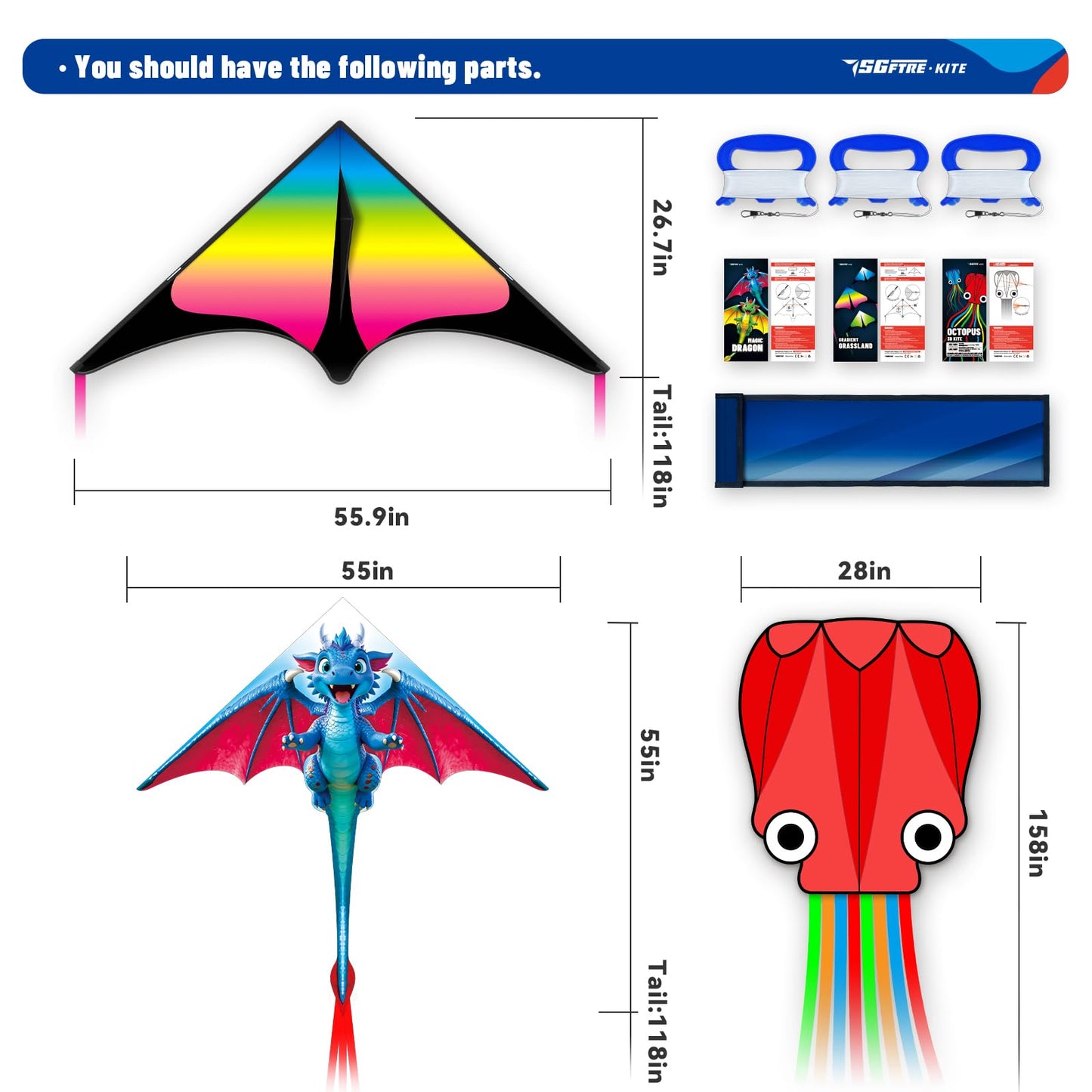 SGftre 3 Piece Set Butterfly Delta Octopus Kites for Kids and Adults，Easy to Fly for Outdoor Adults Children Line Kite for Kids Toy (Blue Dragon+ Delta+Octopus Red, 3)