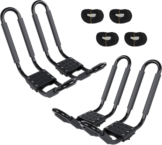 J-Bar Roof Rack Kayak Carrier Holder Boat Canoe Surf Ski Snowboard Holder Mounted on Top Crossbar SUV Truck 2 Pairs Steel