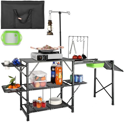 VEVOR Camping Kitchen Table with Sink, Aluminum Folding Portable Outdoor Cook Station, 2 Shelves & Carrying Bag for Picnic BBQ Beach Traveling