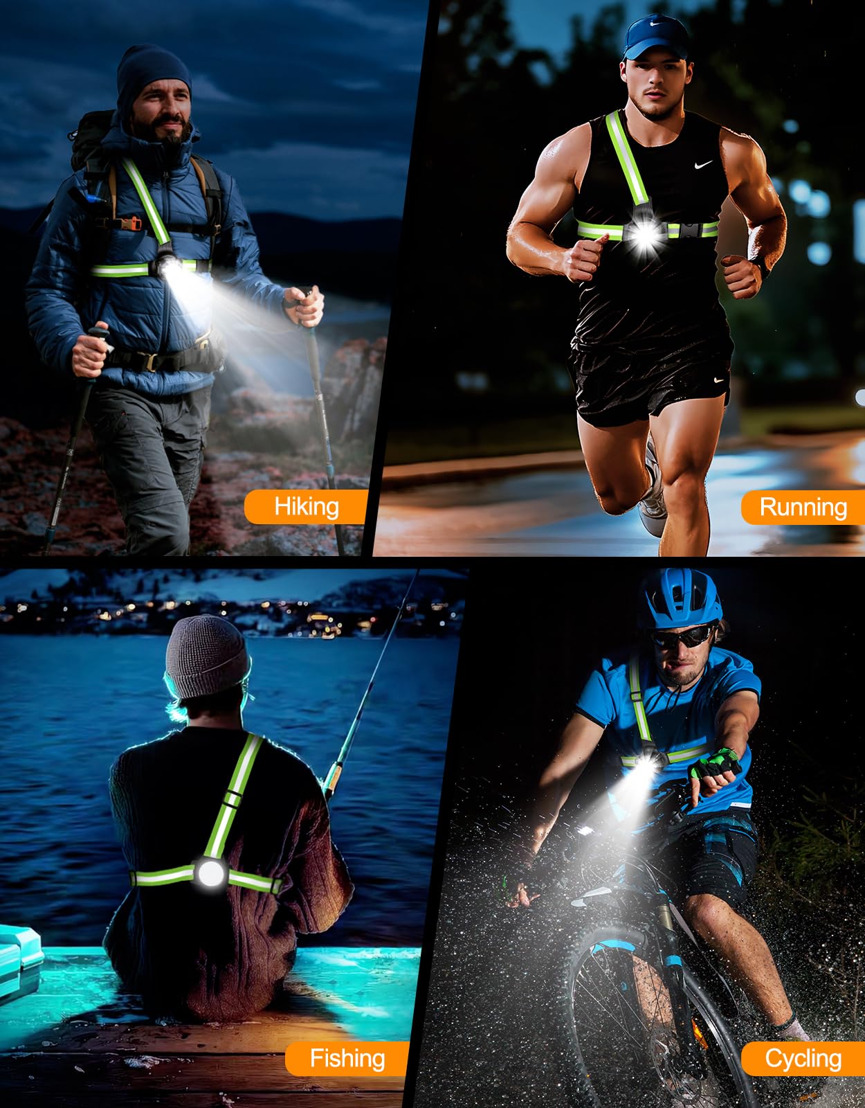 ISEYOU Running Lights for Runners, 500 Lumens Run Light with 360° Reflective Straps, IPX4 Waterproof & USB Rechargeable, 45° Adjustable Chest Running Light Vest for Night Walking, 4-16h Use Time