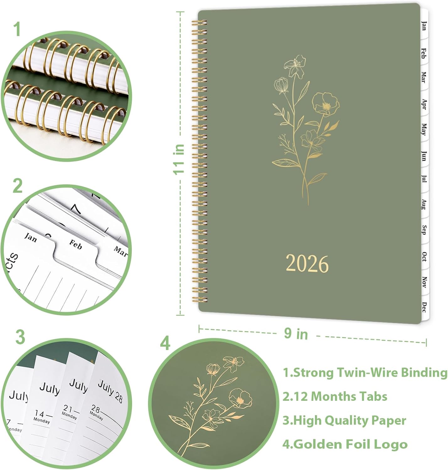 2026 Planner - Planner 2026 Weekly and Monthly with Tabs, 9’’ × 11’’, Jan 2026 - Dec 2026, Hardcover, 12 Monthly Tabs, Premium Paper, Twin-wire Binding, Inner Pocket