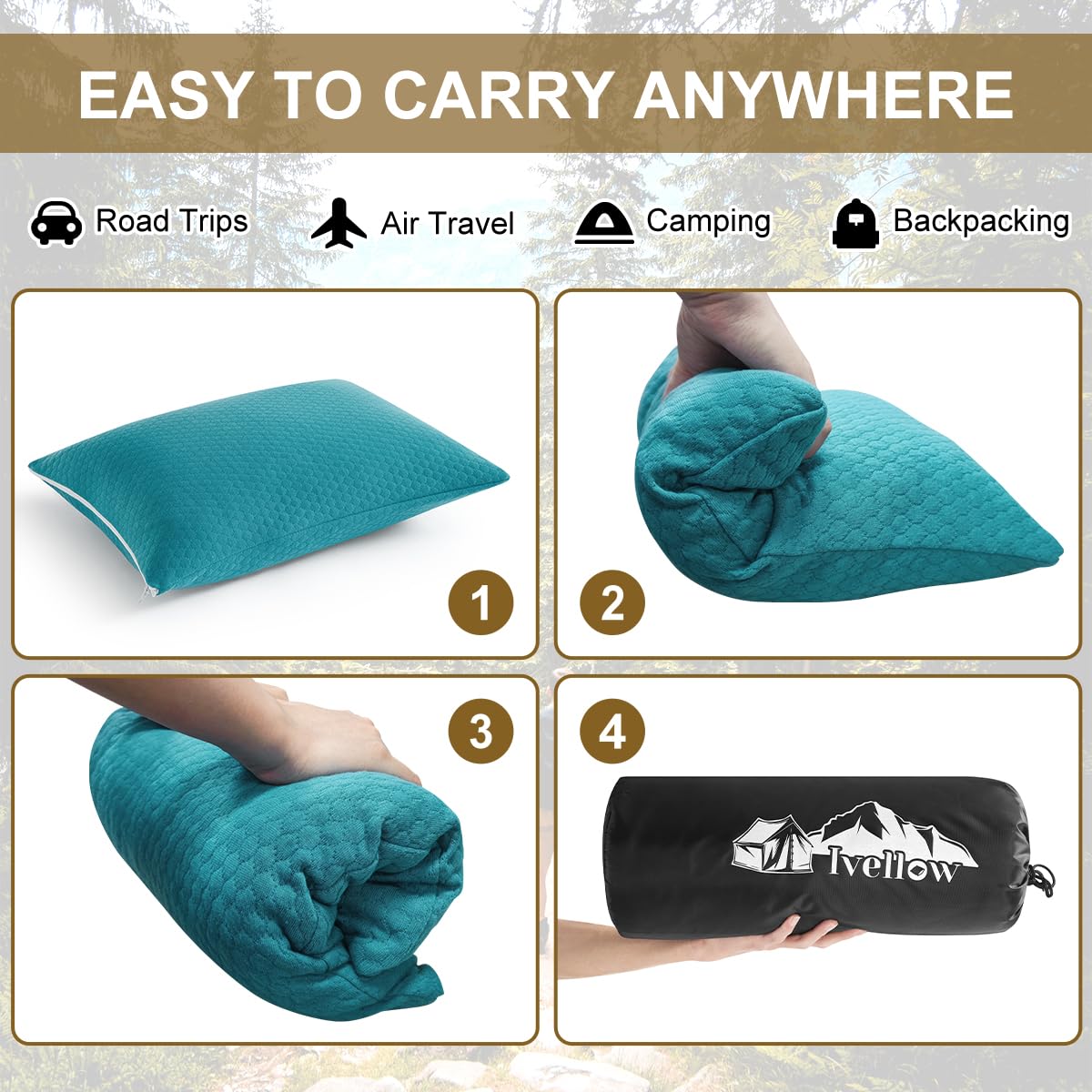 Ivellow Memory Foam Travel Pillow Compressible Camping Pillow for Sleeping Shredded Memory Foam Pillow Compact Firm Supportive Small Pillow for Adults Kids Outdoor Backpacking Hiking Essential Gear-M