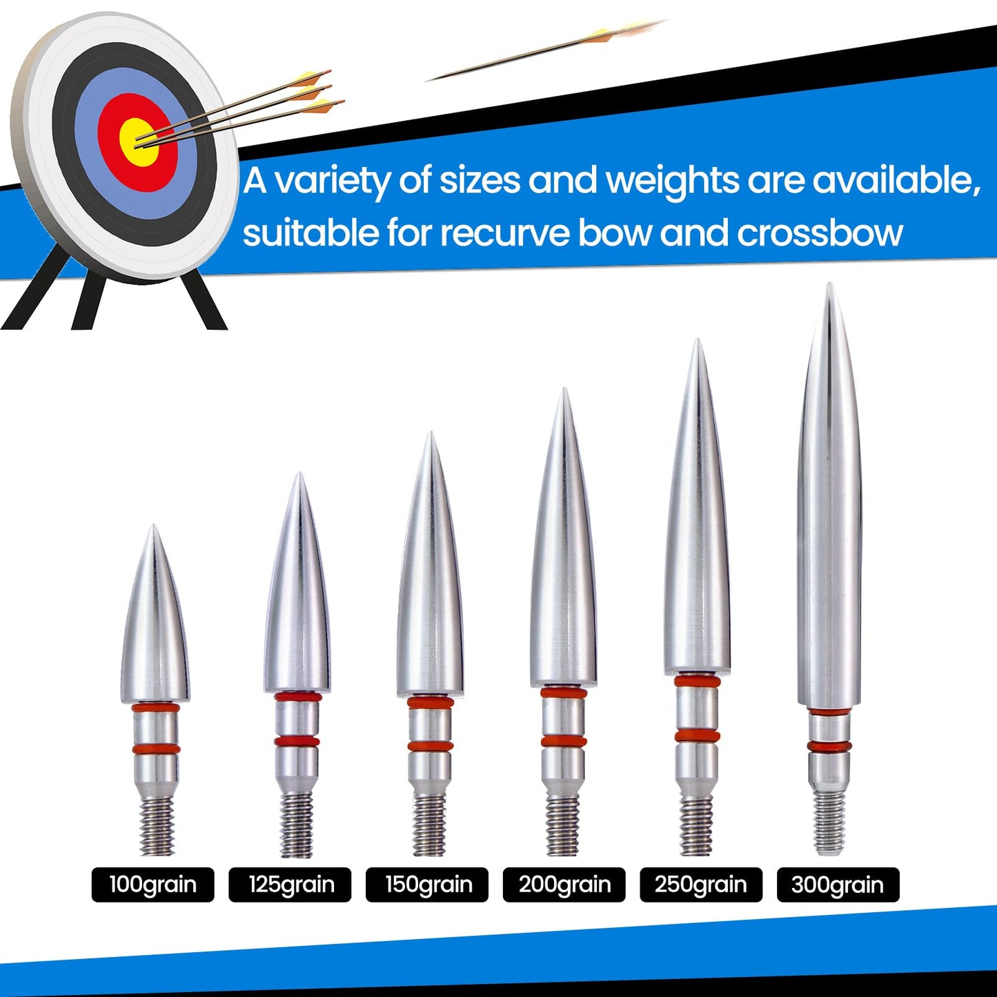 JGSDD 12pcs Archery Field Points, 100/125/150/300 Grain Field Points, Screw-in Archery Field Broadheads for Recurve, Compound Bow Crossbow, Archery Target Crossbow Practice Tip (5/16-100grain)