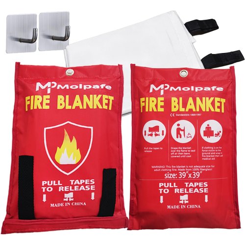 Molpafe Emergency Fire Blanket, 2 Packs 39"x39" Suppression Flame Retardent Safety Blanket, Fiberglass Fire Blanket, for Home, Kitchen, School, Office, Car, Fireplace, Grill, Camping -with Hooks -001