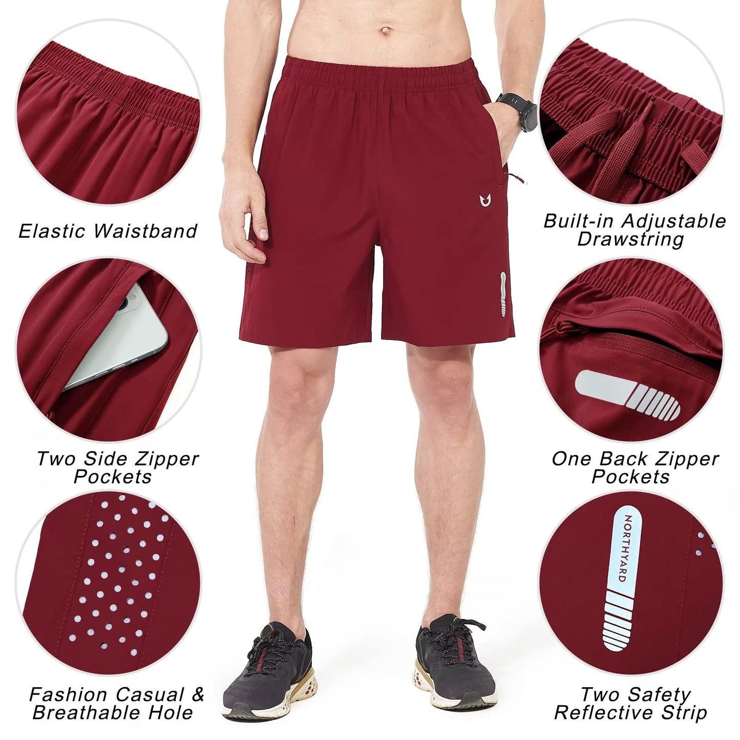 NORTHYARD Men's Athletic Running Shorts Gym Workout 7"/9"/5" Quick Dry Lightweight Sports Basketball Tennis 3 Zipper Pockets WineRed 3XL