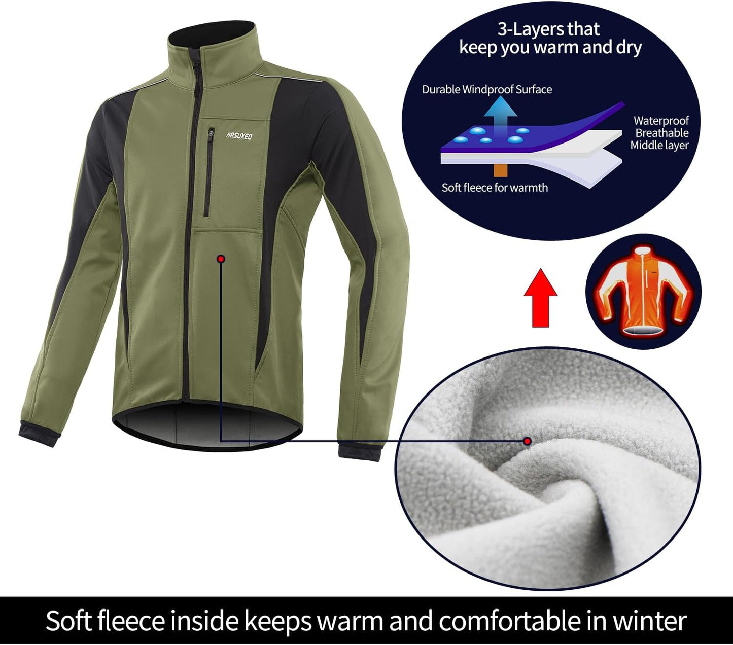 Windproof Waterproof Thermal Cycling Jacket for Winter | ARSUXEO 15K Softshell