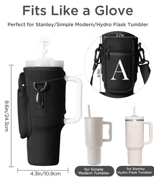 dabria Initial A-Z Water Bottle Bag with Phone Pocket for Stanley 40 oz Tumbler Neoprene Water Bottle Holder Pouch with Adjustable Strap Bollus with Straw Cover & Carabiner for Stanley Cup Accessories