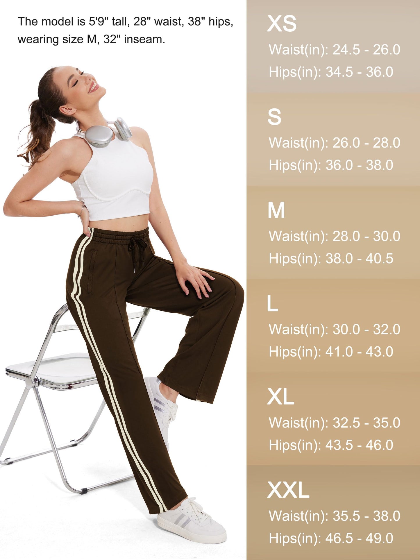 Tapata Petite Womens 28" Inseam Track Pants Relaxed Fit Striped Workout Sweatpants Baggy Trousers with Zipper Pockets, Brown, L