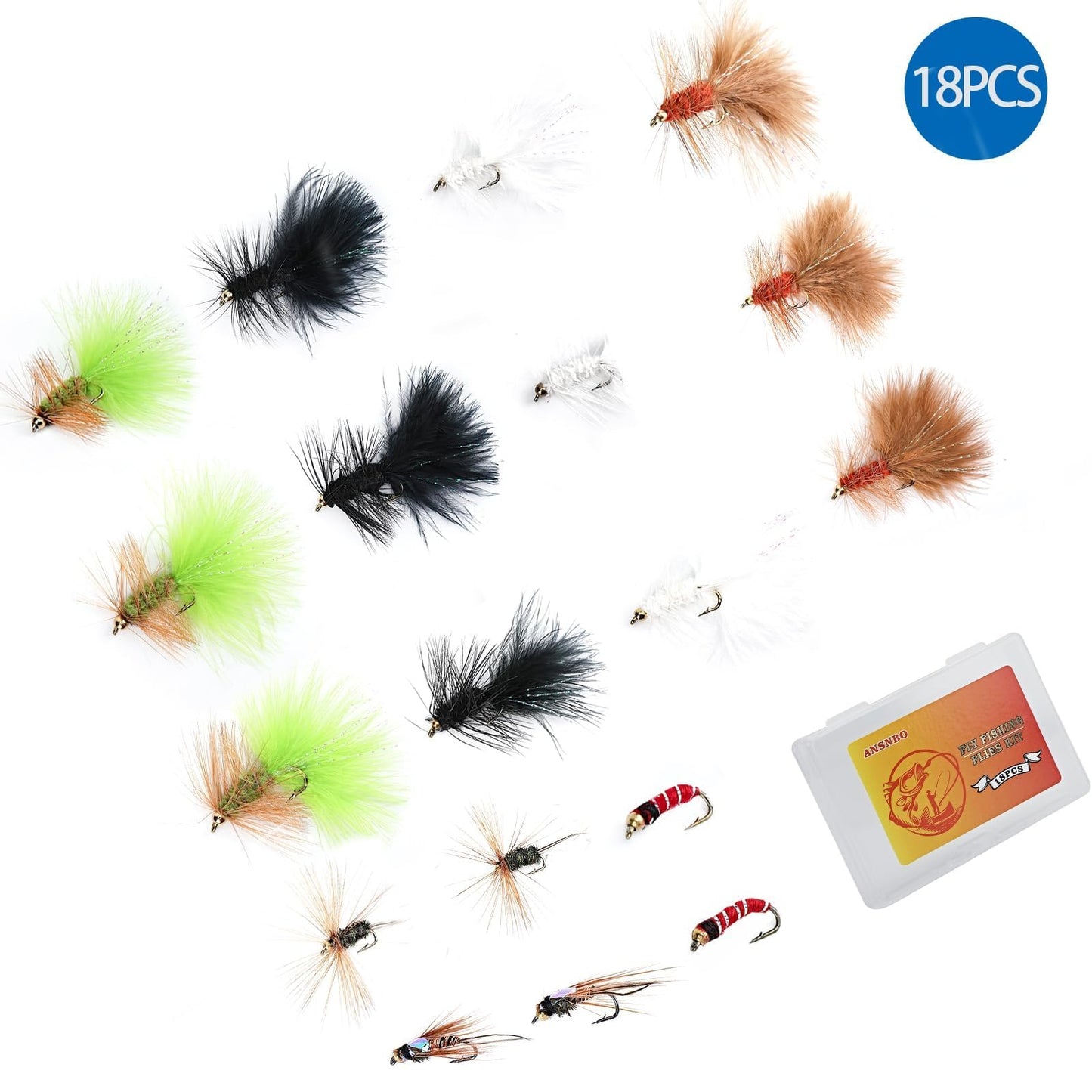 Ansnbo 18PCS Fly Fishing Flies Assortment, Hand Tied Woolly Bugger Flies for Trout Bass Flyfishing, Wet Nymphs Streamer Flies Fly Fishing Lures