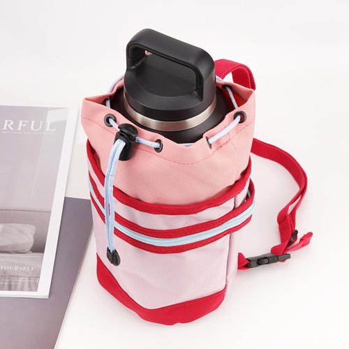 Linkidea Half Gallon Water Bottle Carrier with Strap Compatible with 64oz YETI Rambler Bottle, Hydro Flask, Waterbottle Backpack Sling Bag Holder, Shoulder Strap with Phone Pocket, Pink