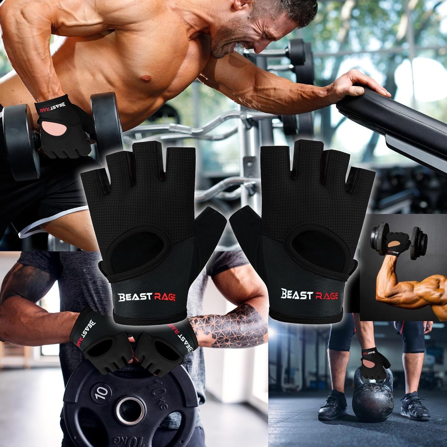 BEAST RAGE Workout Gloves for Men Gym Gloves for Weightlifting Women Fingerless with Palm Protection Padding, Breathable and Lightweight Weight Lifting Glove Cycling Pull Up (Black, M)
