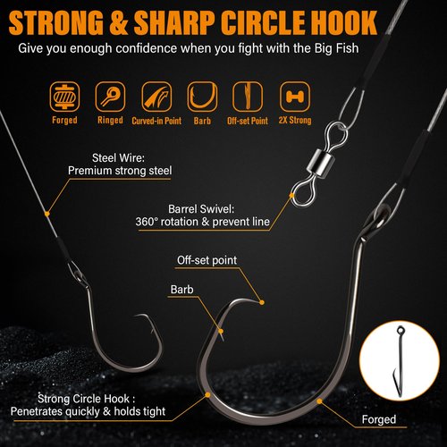 Dovesun 30PCS Circle Hooks Fishing Pre-Rigged Catfish Rig for Saltwater Freshwater Catfish Hooks with Wire Leader Five Sizes 2/0 4/0 6/0 8/0 10/0