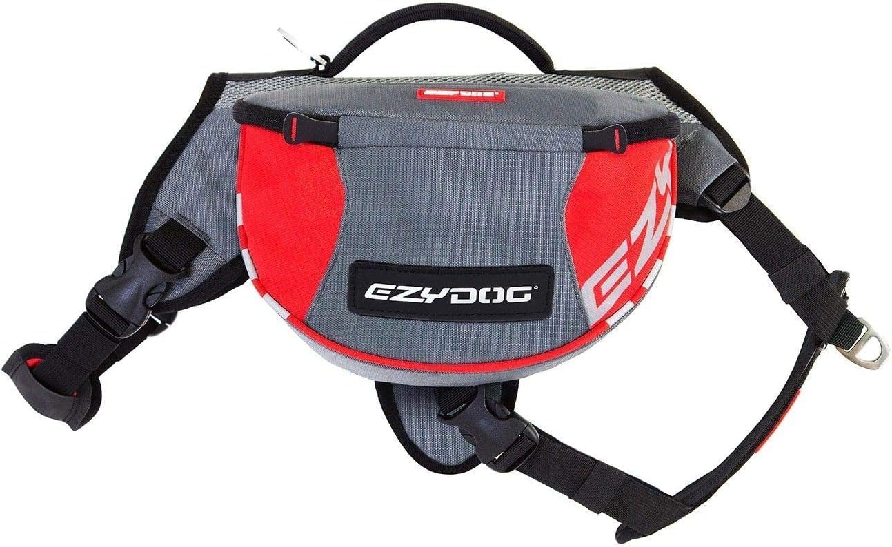 EzyDog Summit Outdoor Dog Backpack - Reflective and Incorporates a Chest Plate Harness - Easy Access Saddlebags with Superior Storage Capacity and Comfort - Front Pull Ring (Red/Gray, Large)