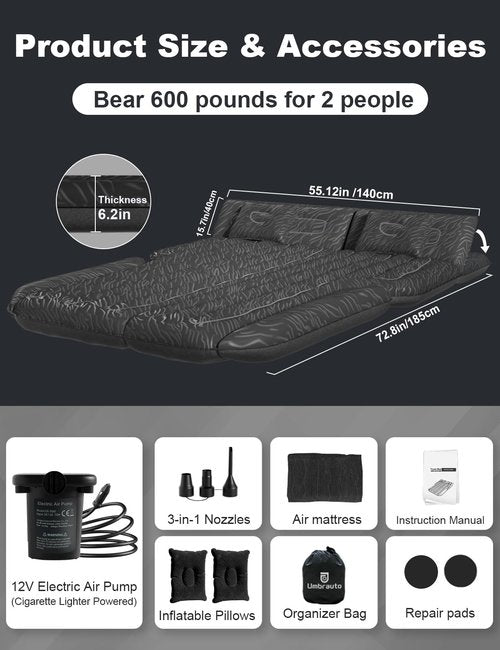 Umbrauto SUV Air Mattress for Trunk: Upgraded Car Camping Mattress with Flocked Surface and Extra Thick Bottom, Van Sleeping Bed for Back Seat with Pump, Nozzle, Repair Patch, Carry Bag