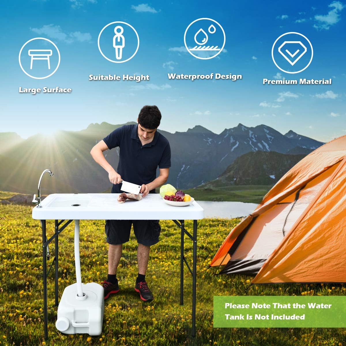 Giantex Fish Cleaning Table, Folding Table with Sink, Faucet and Drain Hose, Portable Outdoor Sink Station with Hose Hook Up, 45"x 23"x 37"