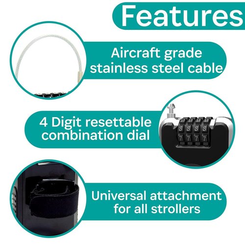 Buggygear Stroller Lock - Anti-Theft Retractable Combination Chain Cable Locks, Thin, Lightweight Safety Padlock for Essentials & Accessories - Strollers, Buggies, Skis, Bikes & Bicycles