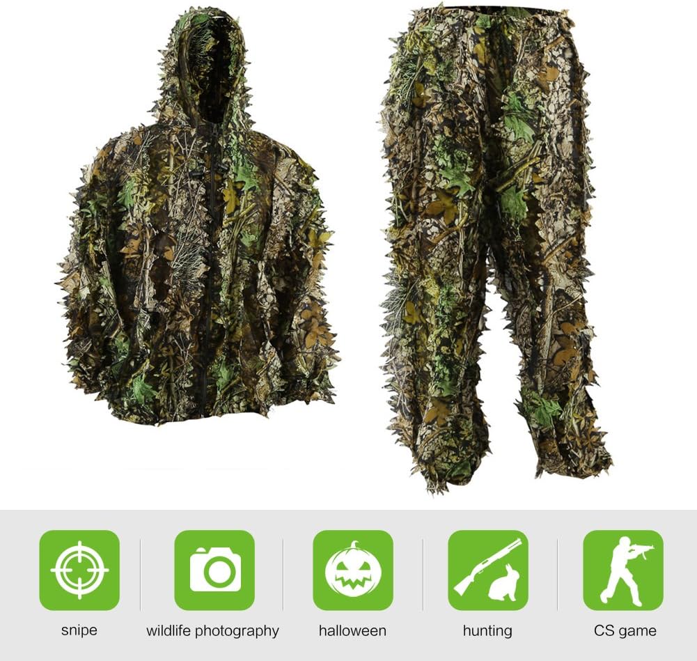 Zicac Outdoor Camo Ghillie Suit 3D Leafy Camouflage Clothing Jungle Woodland Hunting