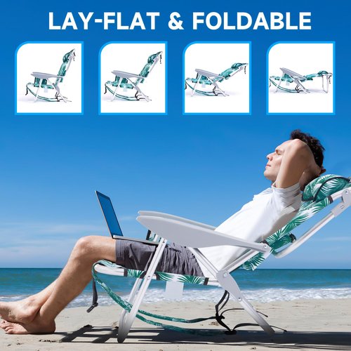 Canpsky 2 Pack Lightweight Portable Camping Beach Chair for Adults, Outdoor Lay Flat Folding Beach Chairs with 4 Positions, Backpack Beach Chair with Towel Bar, Cooler Pouch, Cup Holder, Green Leaves