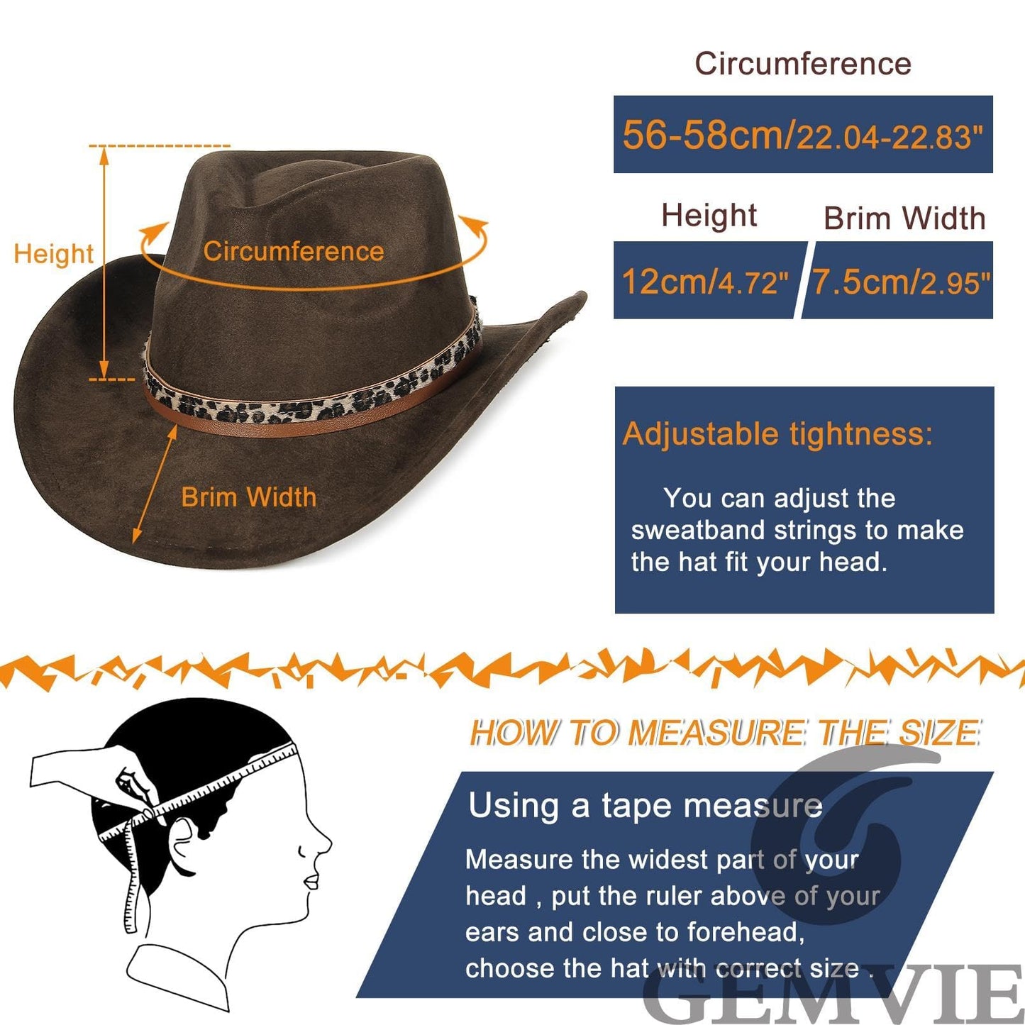GEMVIE Suede Cowboy Hat for Men Women Roll up Brim Cowgirl Hat Classic Country Fedora Hat/Leopard Print-2