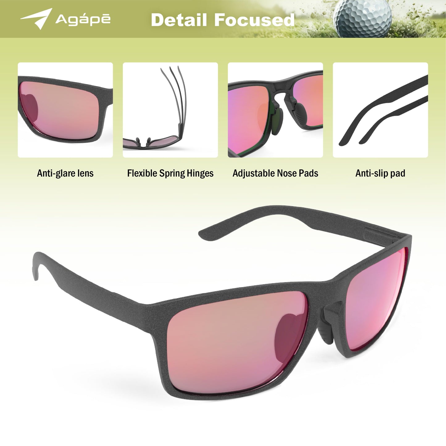 agape Birdyx™ Polycarbonate Red Lenses Polarized Anti-glare Golf Sunglasses Sport Glasses for Men Women, UV400 protection, for pickleball running fishing hiking, Carbon Frame, Noir Black Mirror