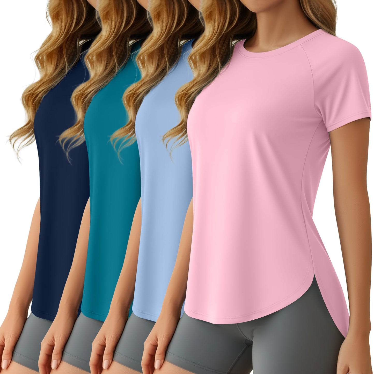 Oakgarden 4 Pack Women's Workout Tops Athletic Quick Dry Gym Shirts UV Protection Short Sleeve Side Split Tees for Running(Navy Blue, Cyan, Sky Blue, Pink,XX-Large)