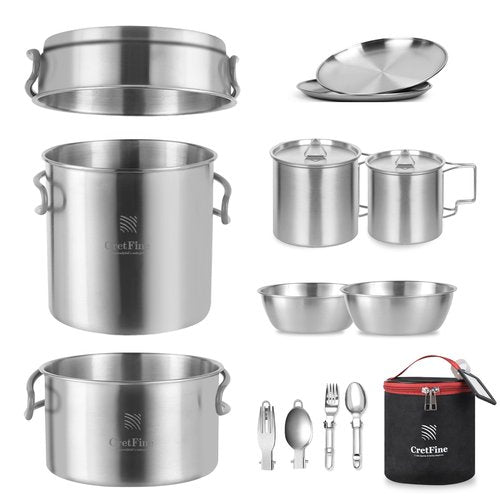 CretFine Camping Pots and Pan Set Stainless Steel Mess Kit with Camping Dishes 15pcs for one or Two Camp Pans Set Pot Set Military Mess Kit- Survival Cookware Backpacking Cooking Kit for Tavel, Camp