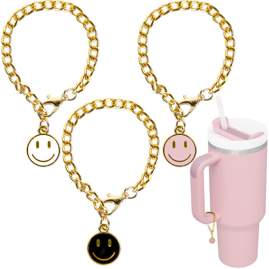 JarThenaAMCS 3Pcs Smile Face Water Bottle Charm Black White Pink Round Shape Charm Happy Face Charm Accessories for 30 & 40 OZ Tumbler with Handle