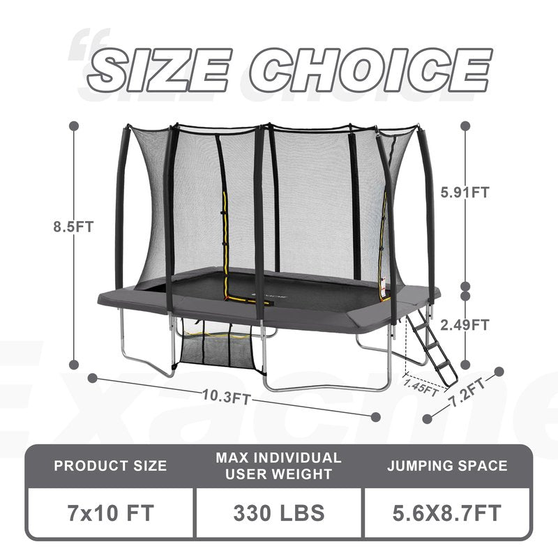 Exacme 7X10 8X12 9X14 Foot Rectangle Trampoline for Kids, Double Enclosure Openings, Small Outdoor Rectangular Trampoline with Enclosure Net, 4 Wind Stakes, Storage Bag, (Gary, 7×10 Feet)