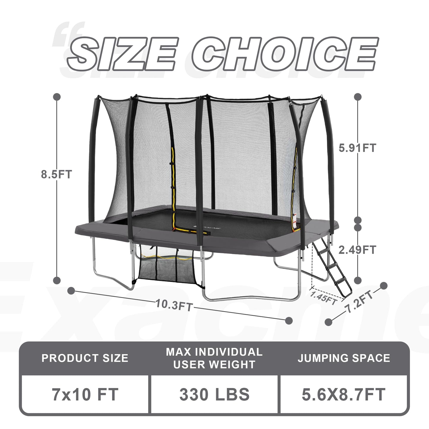 Exacme 7X10 8X12 9X14 Foot Rectangle Trampoline for Kids, Double Enclosure Openings, Small Outdoor Rectangular Trampoline with Enclosure Net, 4 Wind Stakes, Storage Bag, (Gary, 7×10 Feet)