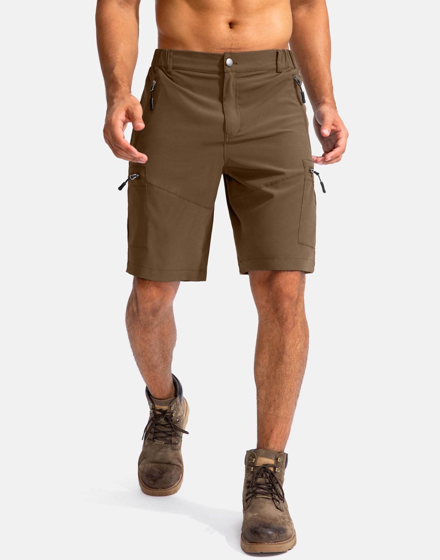 Pudolla Men's Hiking Cargo Shorts 9" Lightweight Outdoor Work Shorts for Men Travel Golf Camping Casual with 5 Zipper Pockets(Brown Small)