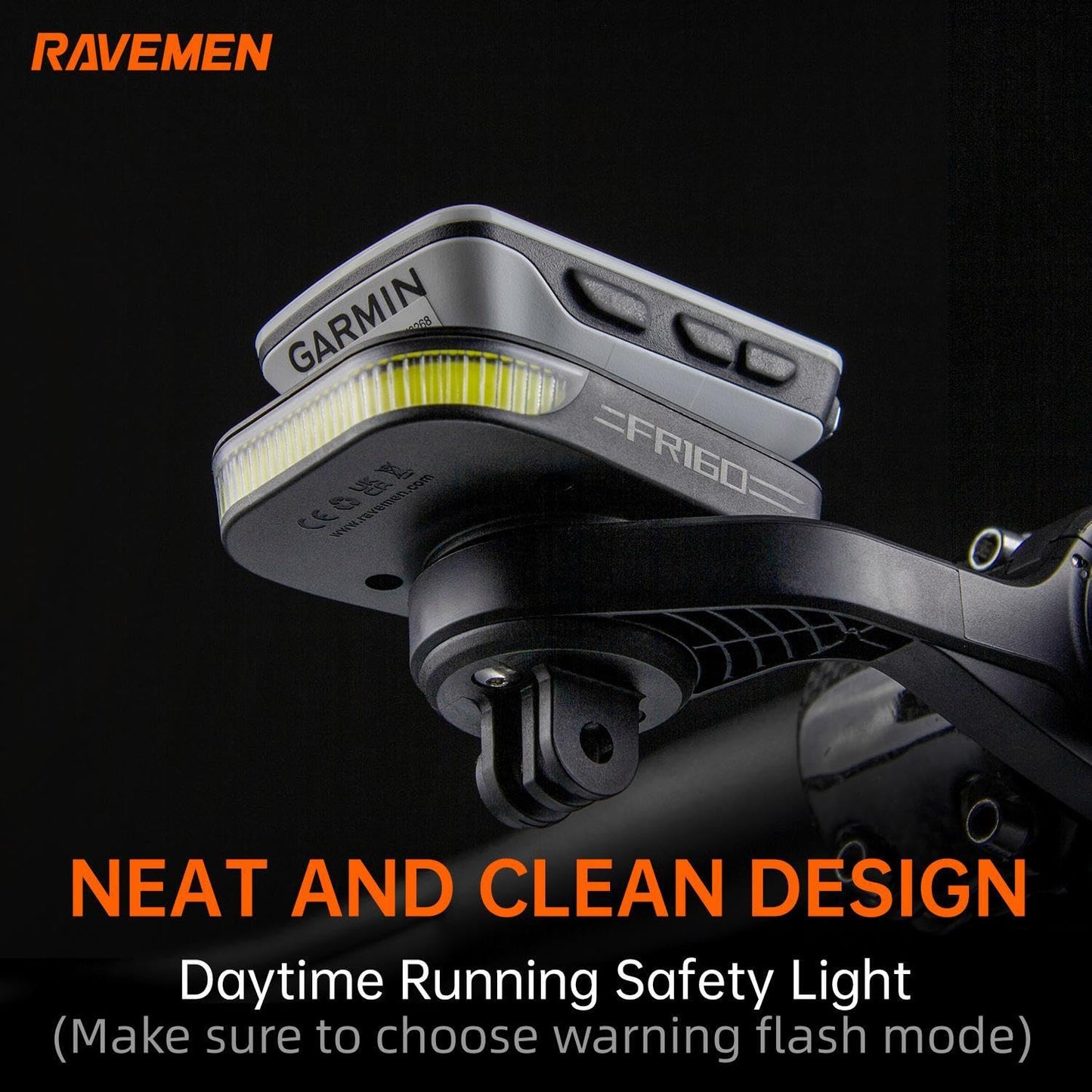 RAVEMEN FR160 Compatible with Wahoo Bike Computers and Mount, IPX6 Waterproof Auxiliary Bike Headlight with 160 Lumens Warning Flashing Mode for Road Bike Riding Safety (QTM01 Included)