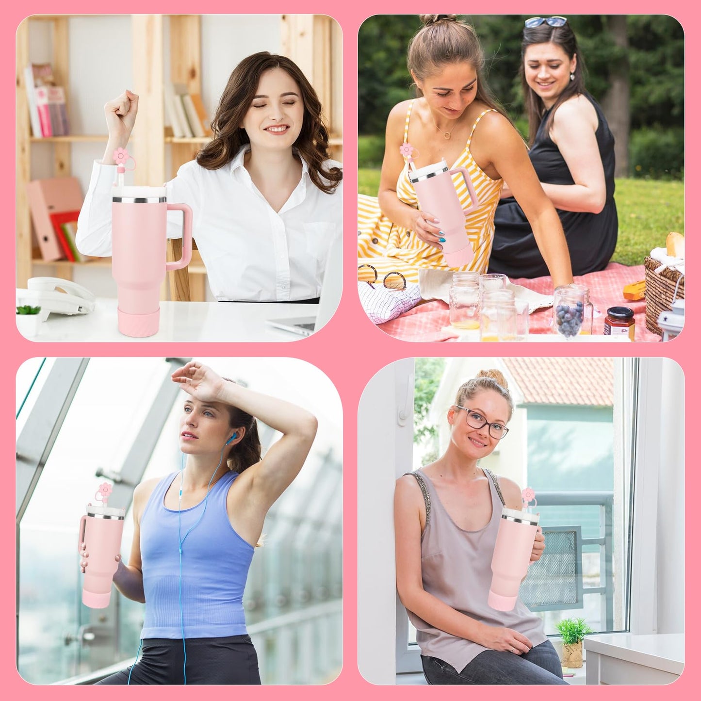 9PCS Cup Accessories for Stanley 40oz Tumbler Including 2 Straw Covers, 2 Replacement Straws, 1 Straw Brush, 1 Silicone Spill Proof Stopper set (Pink)