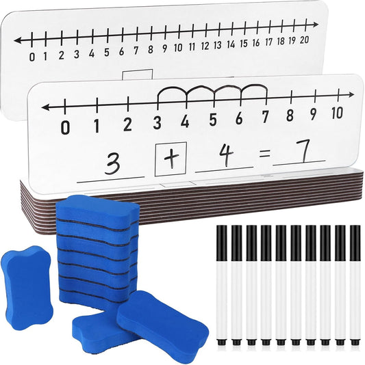 20 Pack Number Line Dry Erase Boards 4x12 Inch White Boards Lapboards with Lines Double Sided Numbers 0 Thru 10 and 20 Math with Black Markers Erasers for Students Teacher Supplies Classroom